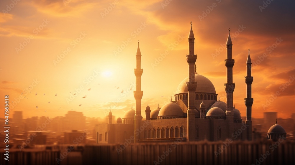 a serene depiction of the Sultan Hassan Mosque-Madrasa's minarets against the colorful canvas of the setting sun