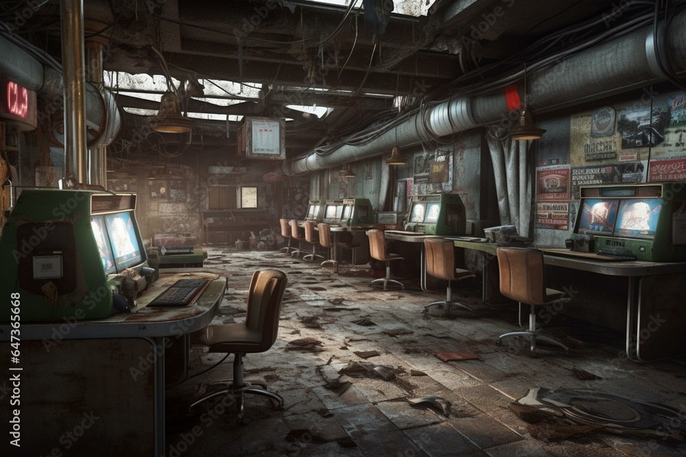 retro-futuristic game hall in a post-apocalyptic setting. Generative AI