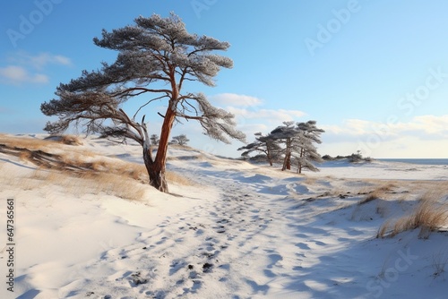 Winter landscape in a sandy national park. Generative AI