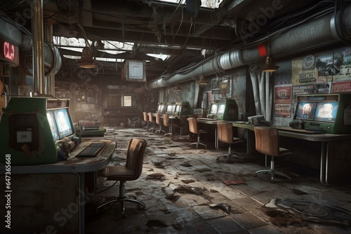 retro-futuristic game hall in a post-apocalyptic setting. Generative AI