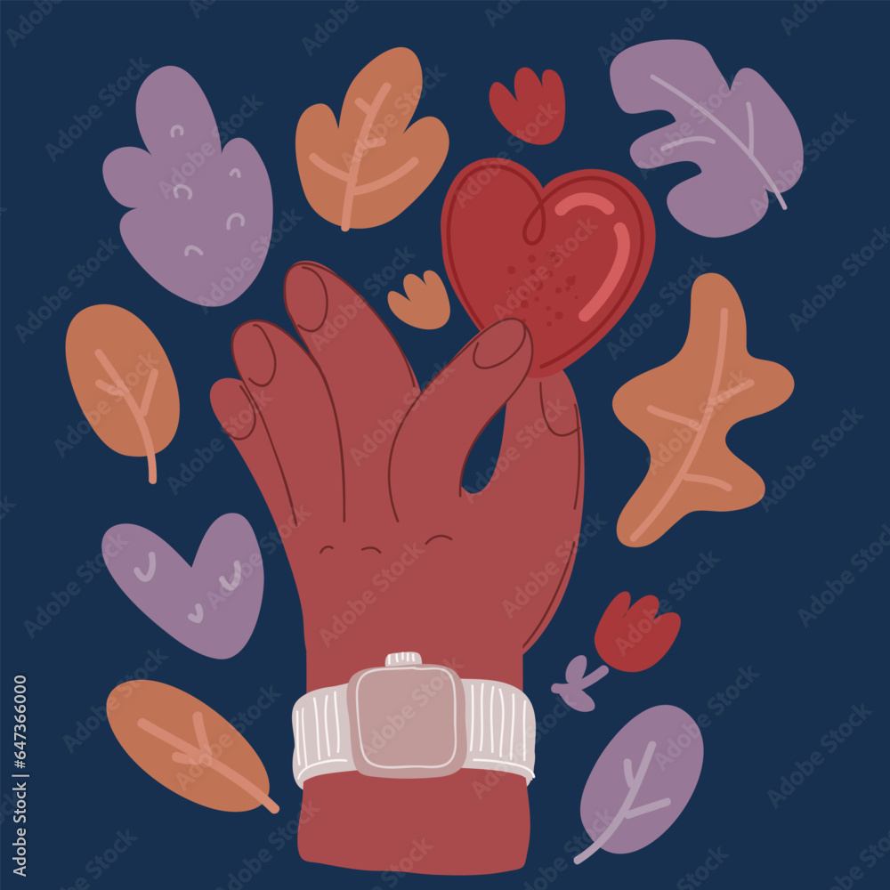 Cartoon vector illustration of 3d red heart in hand. Holding gesture. Donation, love or charity for social media