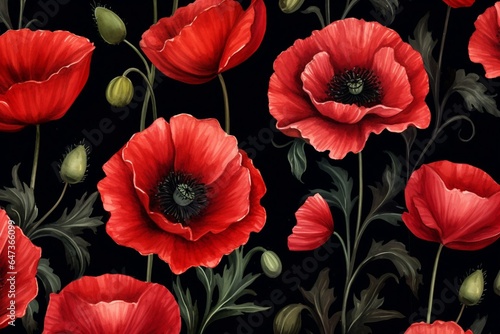 An image with a seamless pattern of red poppies painted in watercolor and highlighted on a dark background. Generative AI