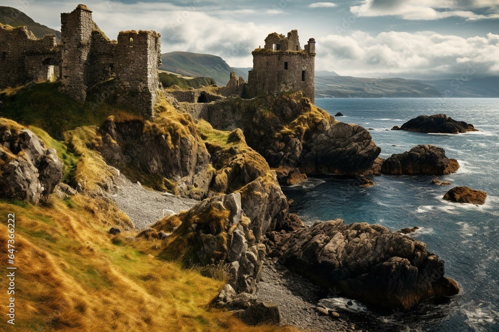 Ruined Scottish fortress surrounded by stone walls overlooking the sea. Generative AI