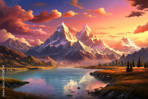 A surreal landscape with majestic peaks and vibrant skies. Generative AI