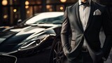 Elegant Driver in Suit Next to a Luxury Car: Close-up View. Generative ai