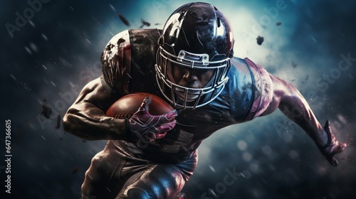 Dynamic American Football Player in Action with Ball and Helmet. Generative ai © Scrudje