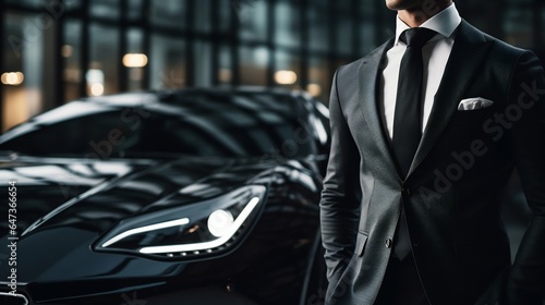 Elegant Driver in Suit Next to a Luxury Car: Close-up View. Generative ai © Scrudje