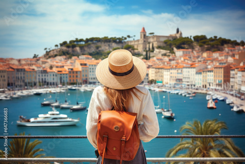 Платно Back view of happy woman with hat and backpack enjoying vacation on Cote d'Azur