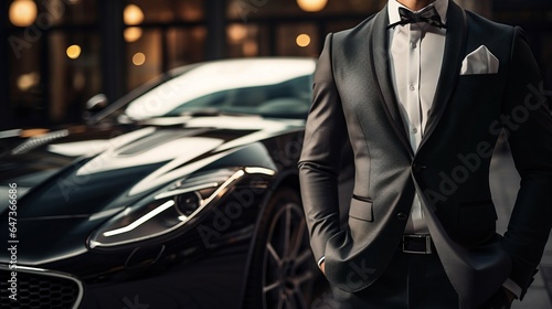 Elegant Driver in Suit Next to a Luxury Car: Close-up View. Generative ai © Scrudje