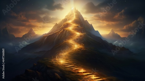 Illuminated Path Ascending the Mountain. Generative ai