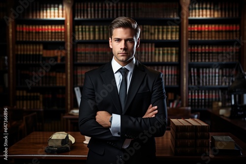 Confident lawyer man in suit, book shelf background. AI generated
