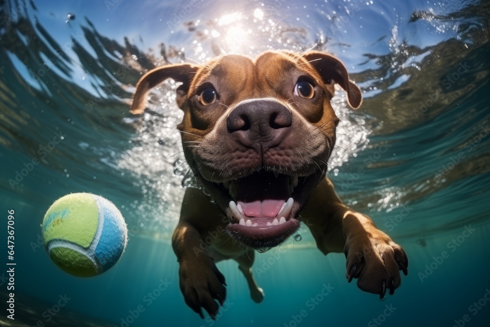 Photo of a playful light brown American Pit Bull Terrier trying to bite a tennis ball underwater while enjoying a refreshing swim - created with Generative AI technology