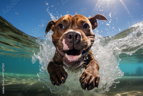 Photo of a playful light brown American Pit Bull Terrier enjoying a refreshing swim in the water created with Generative AI technology © AI Visual Vault