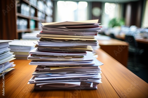 Stacks of paper documents on work desk in office. AI generated