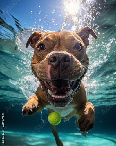 Photo of a playful light brown American Pit Bull Terrier trying to bite a tennis ball underwater while enjoying a refreshing swim - created with Generative AI technology