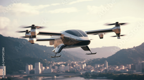 An electric vertical takeoff and landing (eVTOL) aircraft hovering in the sky