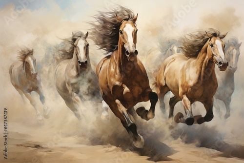 A wall painting depicting a group of horses running together. Generative AI