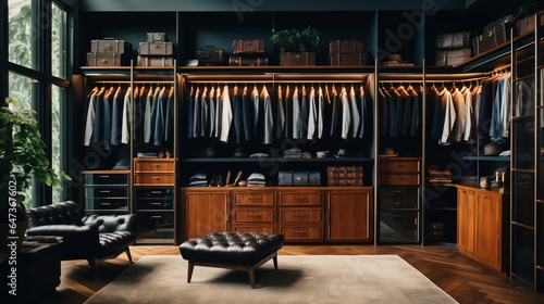 Elegant Interior of a Luxury Male Wardrobe Showcasing Expensive Attire. Generative ai
