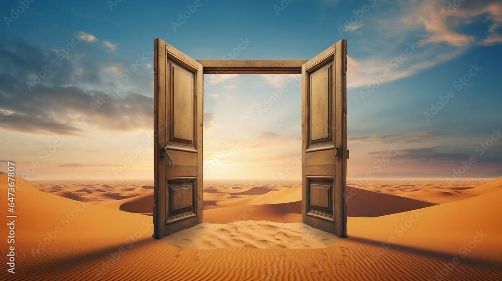 Mysterious Opened Door Standing Alone in the Desert. Generative ai - obrazy, fototapety, plakaty 