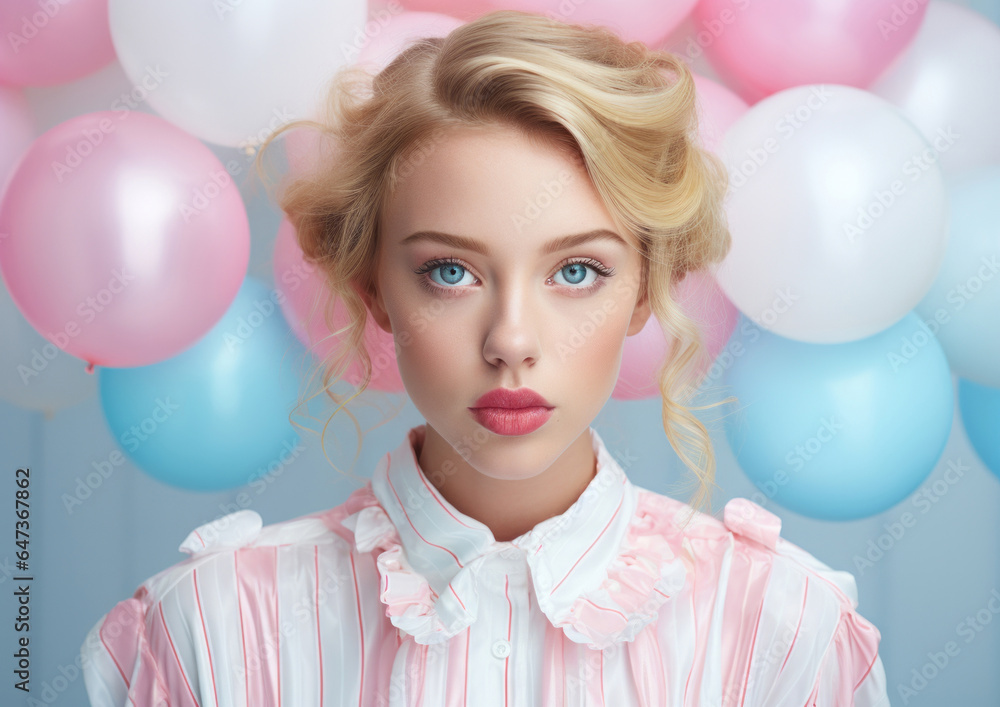 Obraz premium A beautiful young woman with pastel blonde hair, pink lips, and a fashionable dress is the embodiment of a dreamy, indoor makeover party, surrounded by balloons, bubbles, and eyelashes