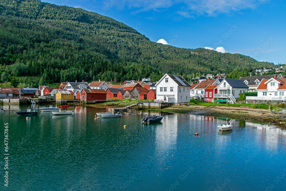 Solvorn, Norway: small village on a fjord with typical colored wooden houses