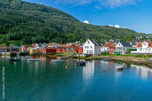 Solvorn, Norway: small village on a fjord with typical colored wooden houses