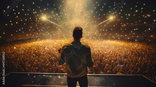 Star Singer Entertains Massive Crowd: Stars Back View in Concert Stadium. Generative ai