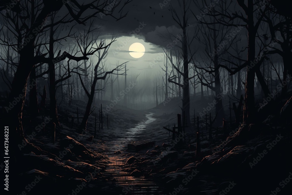 Eerie woods illustration illuminated by moonlight during Halloween. Generative AI