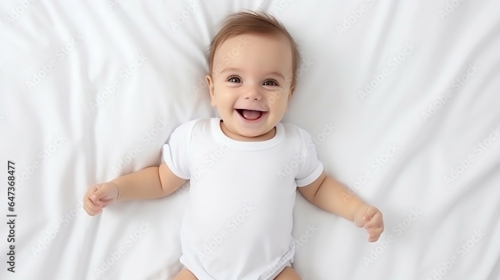 Joyful Baby in White Bodysuit Relaxing on a White Bed. Generative ai Joyful Baby in White Bodysuit Relaxing on a White Bed. Generative ai