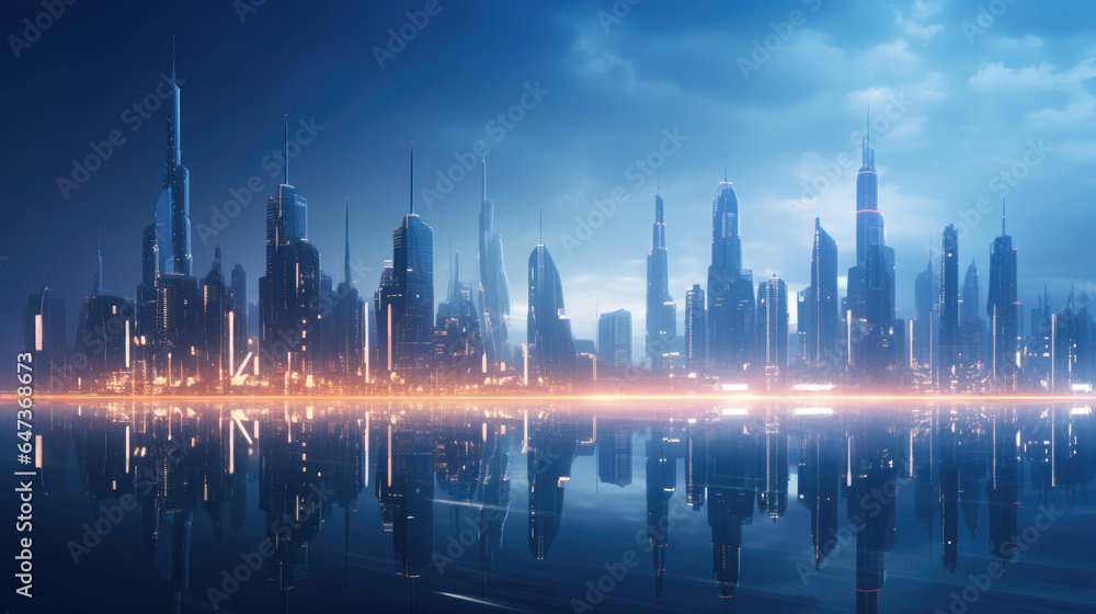 A futuristic city skyline with smart buildings equipped with energy-efficient systems