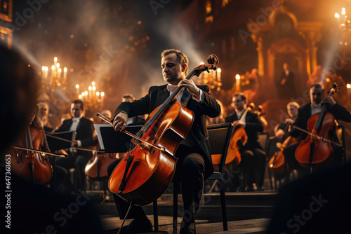 A classical symphony orchestra performing a timeless composition. Generative Ai. photo