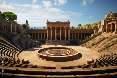 A Roman amphitheater where ancient plays and performances once took place. Generative Ai.