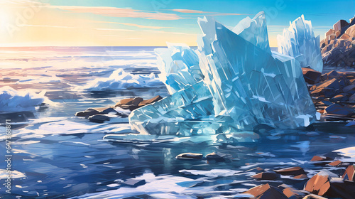 Ice shards on the shores of a tranquil bay photo