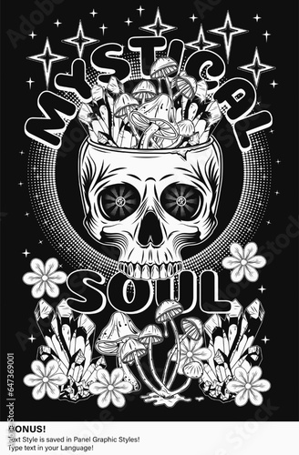 Poster with human skull, mushrooms, stars, crystals of gemstones, flowers, editable text style. Concept of sacred spirit, magic, extended mind. Magic, mystical surreal illustration. Retro style