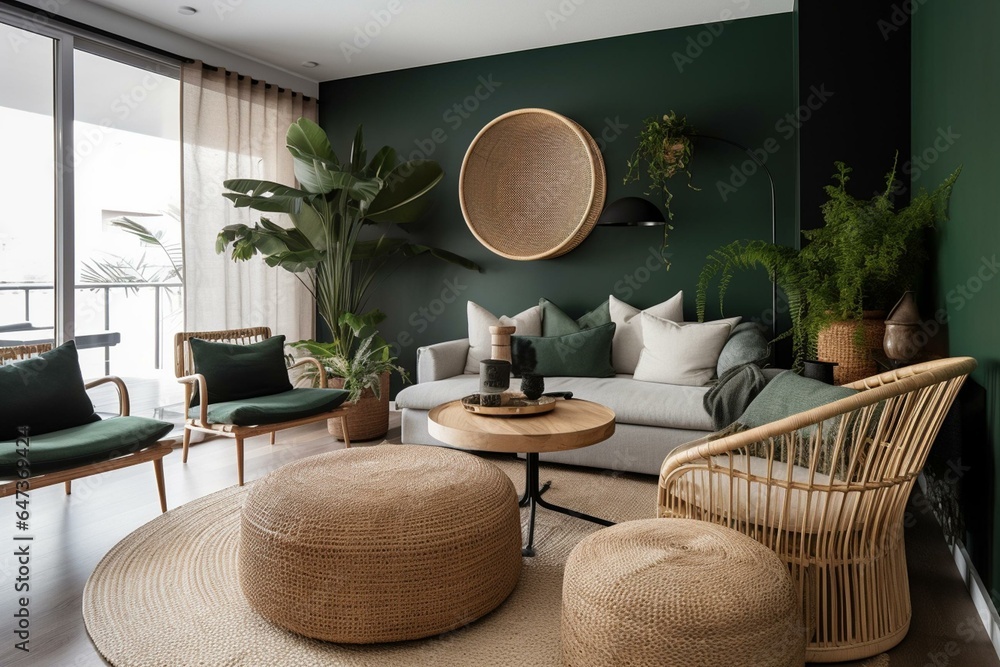 Modern green living area with rattan seating and dried palm greenery in a vase. Generative AI