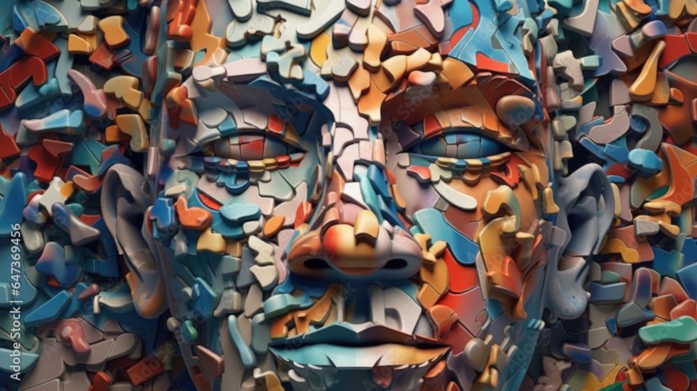 Abstract human head made of unsolved puzzle pieces, maximalism, psychology, brain, neurosis, compulsive. Generative AI image weber.