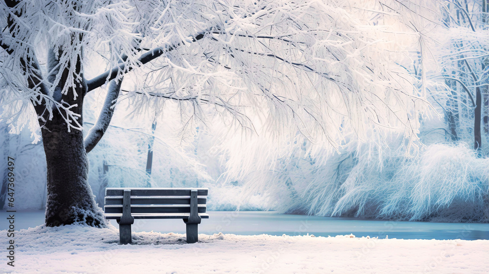 Lone bench covered in snow in a park,