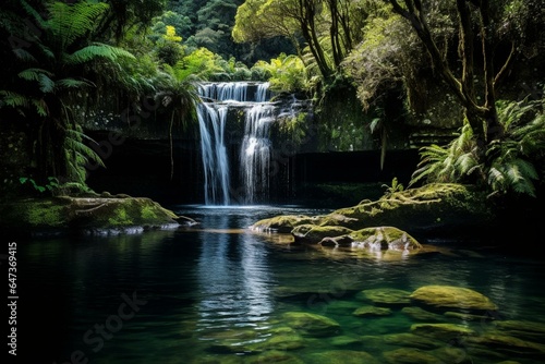 A view of lush green leaves and waterfalls cascading into a pool in a scenic reserve. Generative AI