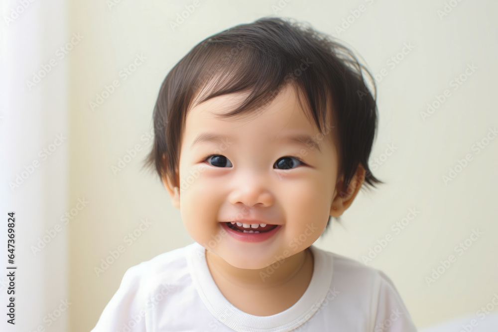 a asian child with curly hair wearing a white t-shirt on a white background a asian child with curly hair wearing a white t-shirt on a white background