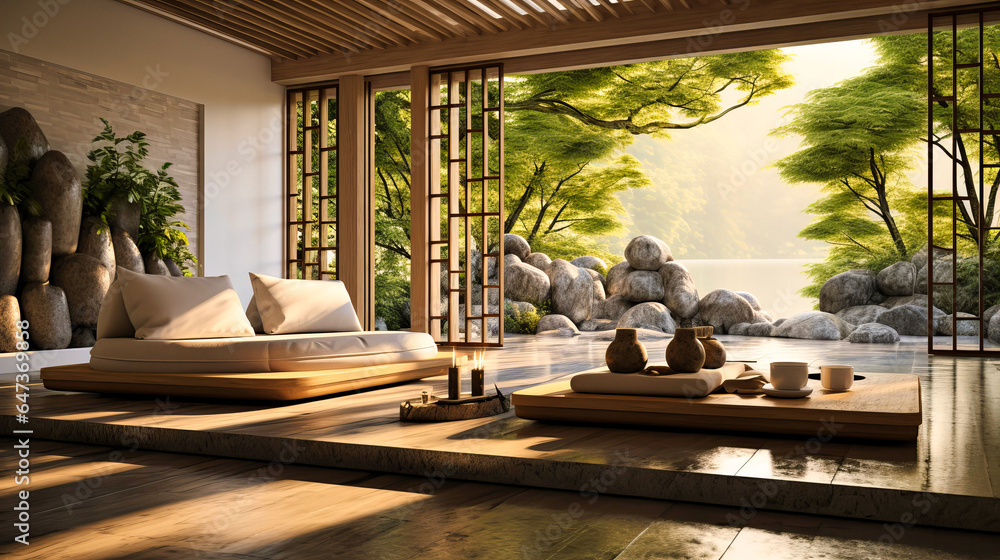 Fototapeta premium Zen interiors with rock gardens and bamboo dividers