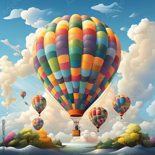 colored aerostat  Balloon on a neutral background with clouds. Illustration with celestial transport for people  air travel  banner with copy space