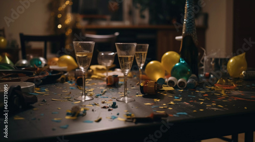 Party Afterparty Neujahr Silvester Jahreswechsel Tag danach Tisch Chaos Dreck Glas Konfetti Unordnung 2024 KI Generated photo