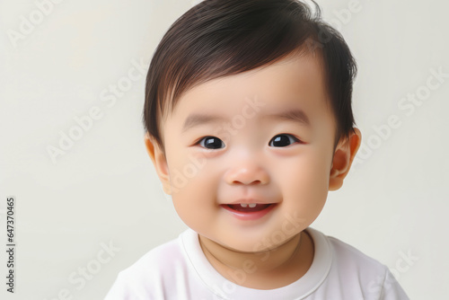 a asian child with curly hair wearing a white t-shirt on a white background