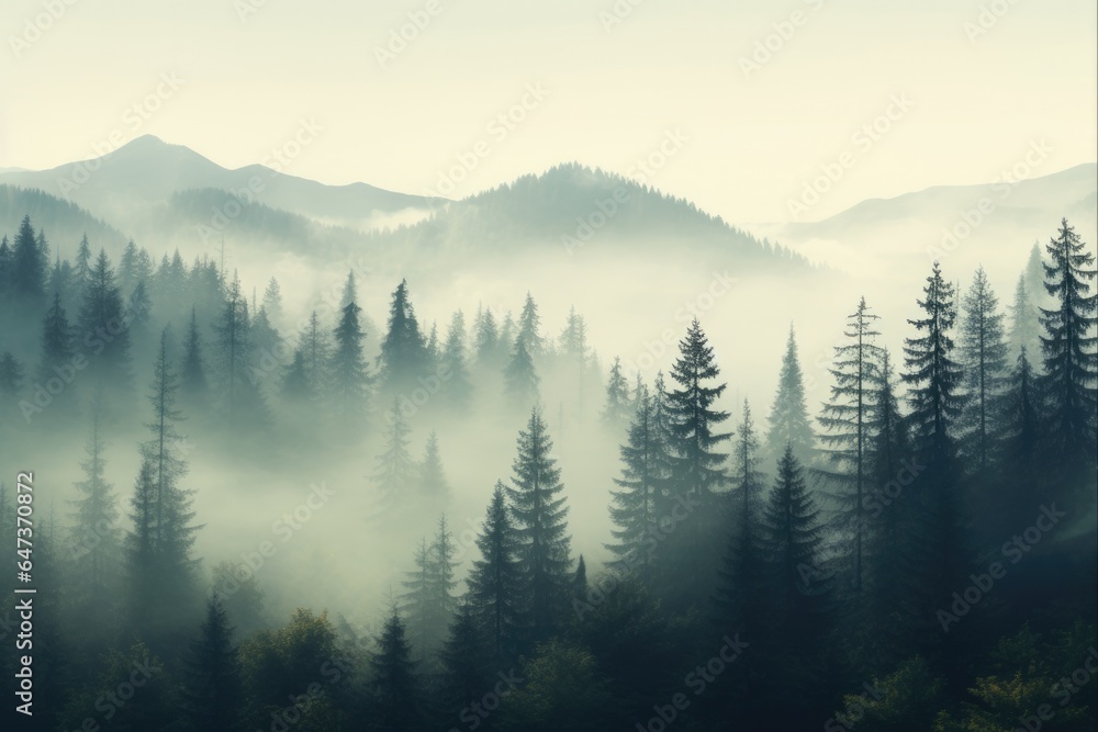 Hipster Vintage Misty Landscape with Fir Forest and Mountain in Morning Fog
