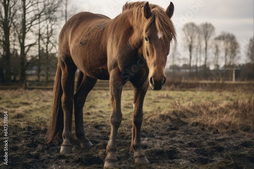 Horse Scratching Itself at Pasture - Domestic Equine Mammal in Farm Stable enjoying Nature
