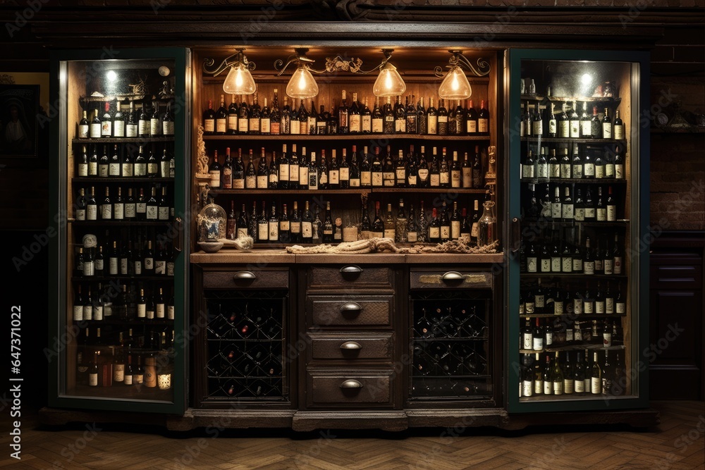 Vintage Wine Cabinet with Cellar Storage for Bottles and Glasses in a Winery Row Display