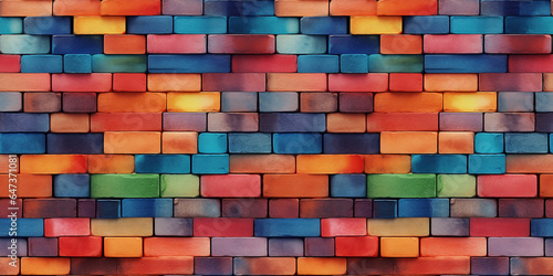 Brick wall background filled with different bright colors in a seamless repetitive pattern.