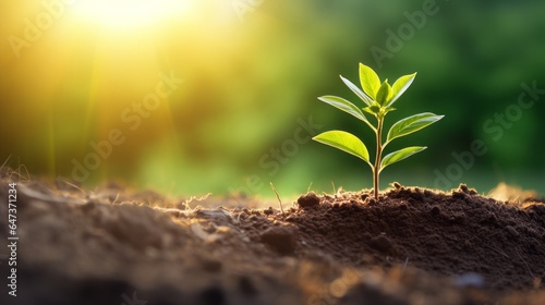 Young plant in the morning light on nature background, 16:9, high quality, copy space, concept: Growth