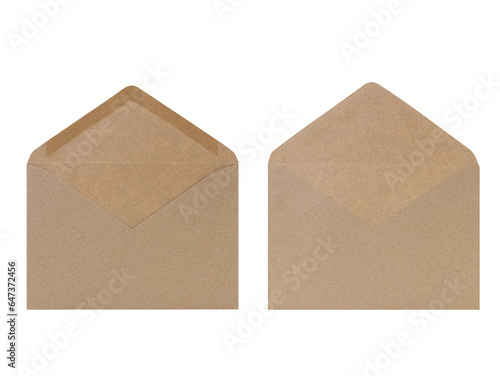 Brown envelope isolated on white background. Letter, front and back view. Craft made from recycled paper. Design element. Copy space