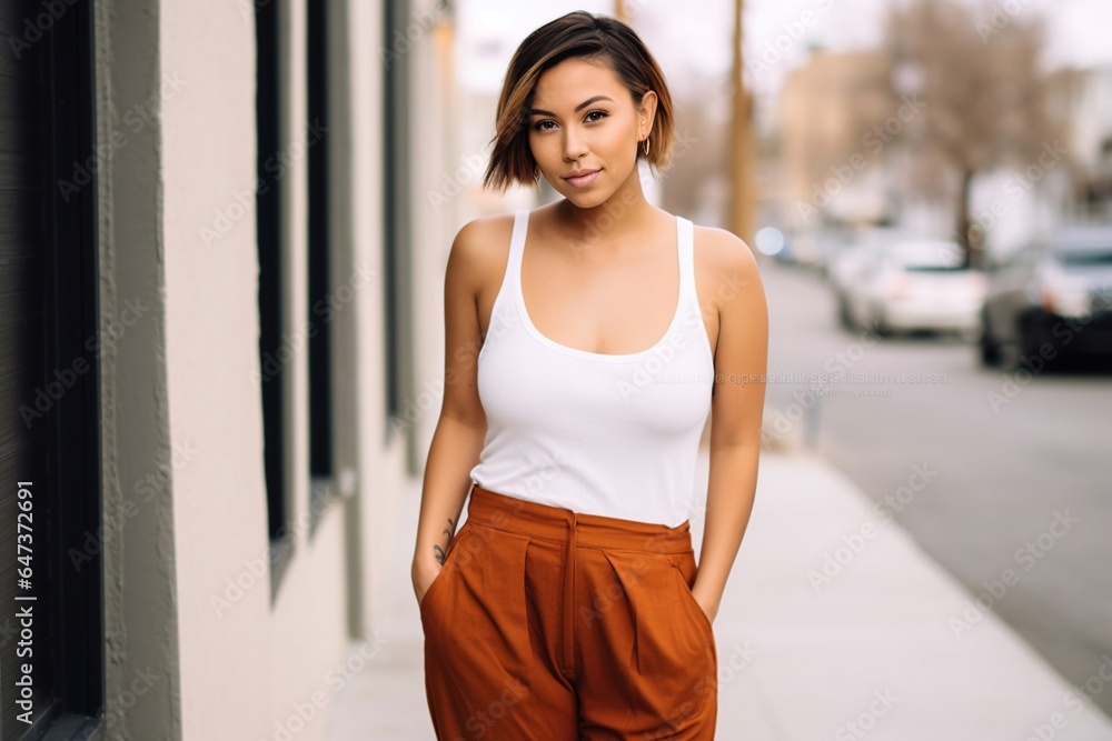 A cute Hispanic in the city wearing a tank top posing beside a building A cute Hispanic in the city wearing a tank top posing beside a building